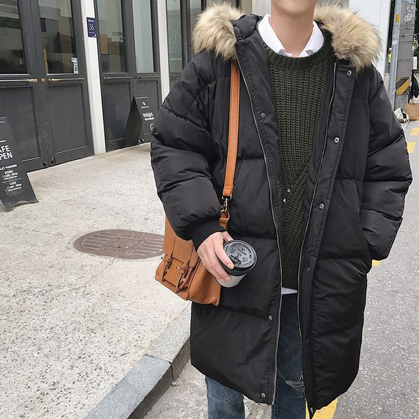 

winter thick coat men's warm fashion parka men solid color casual fur collar hooded coat man wild loose cotton long jacket male, Black