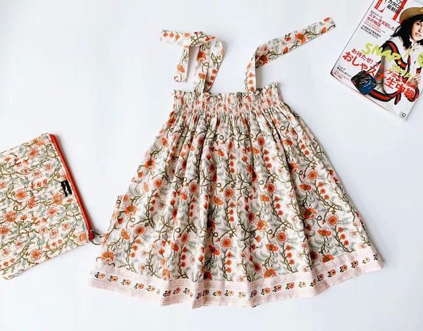 

girls summer dress straps floral pattern smocking design embroidery kids dresses, Red;yellow