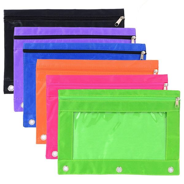 

6 pieces ring binder pouch pencil bag with holes 3-ring zipper pouches with clear window (6 colors