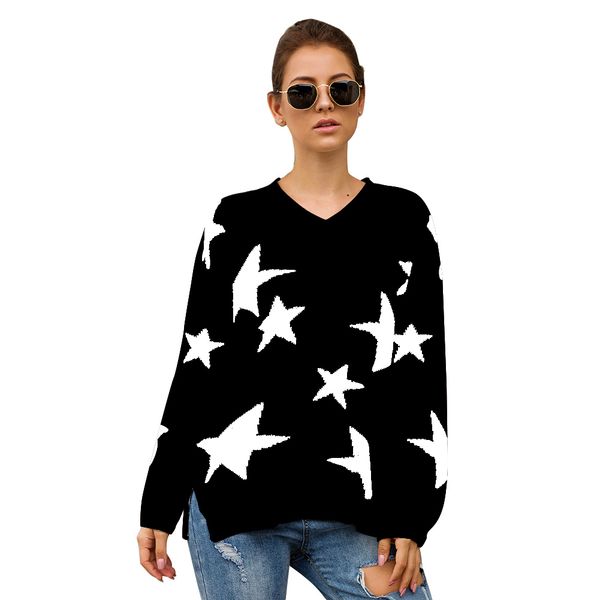 

звезда печатных пуловер v шеи с длинным рукавом повседневная зима трикотажные сторона сплит ежедневно стрейч мода женщины свитер свободные, White;black