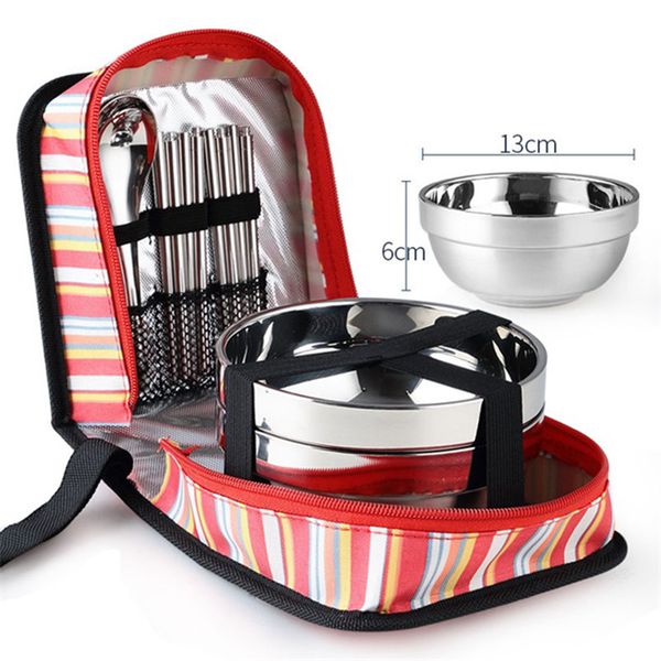 

tri-polar stainless steel dinnerware bowls fork spoons chopsticks tableware set with storage bag for camping picnic kitchen