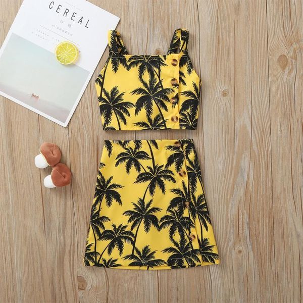 

kids girls clothes outfits summer palm tree print sleeveless +skirts outfits tropical holiday beach clothes for girl ma4, White