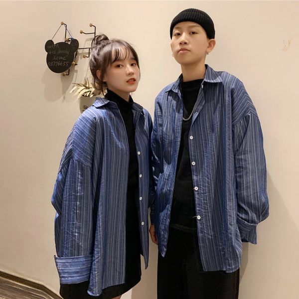 

2020 spring and autumn new youth silky fabric wild long-sleeved shirt fashion casual loose couple jacket coat blue s-xl, White;black