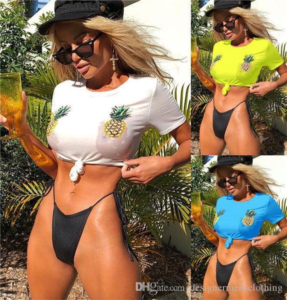 

suits summer colorful sports swimwear fashion women bathing clothing pineapple print half sleeve swim, White;black