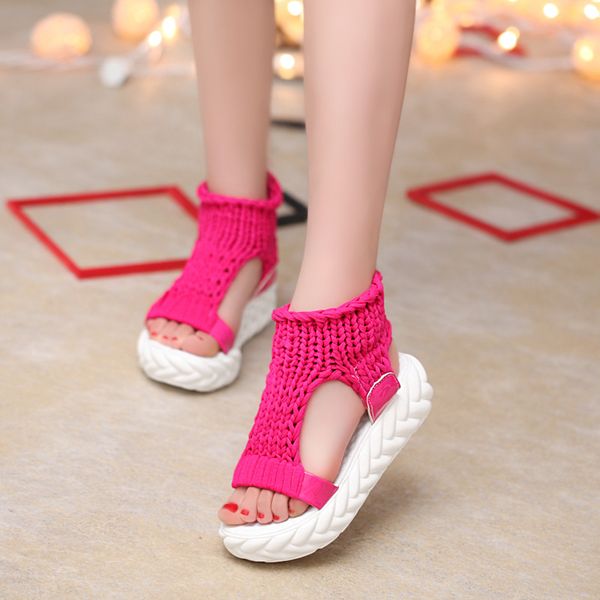 

women thick heel sandals summer platform shoes ladies hand-woven flat zapatos mujer sandalias, Black