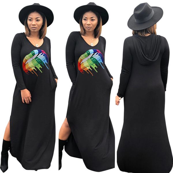 

autumn new women designer casual dress spring hooded colorful lip printed long dresses, Black;gray