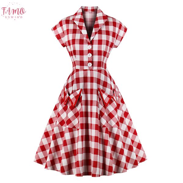 

60s audrey hepburn vintage women dress elegant check print button two pocket dress summer party vestidos de festa, Black;gray