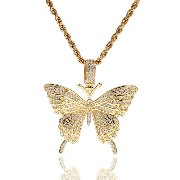 Ciondolo farfalla ghiacciata Bling Zircone cubico Collana di lusso Moda oro argento Colore gioielli hip hop con catena da 24 pollici
