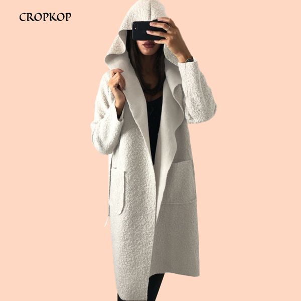 

women blend winter coat hooded loose mid-length belte korean ladies coat vintage solid color pocket long woolen coats fall 2019, Black