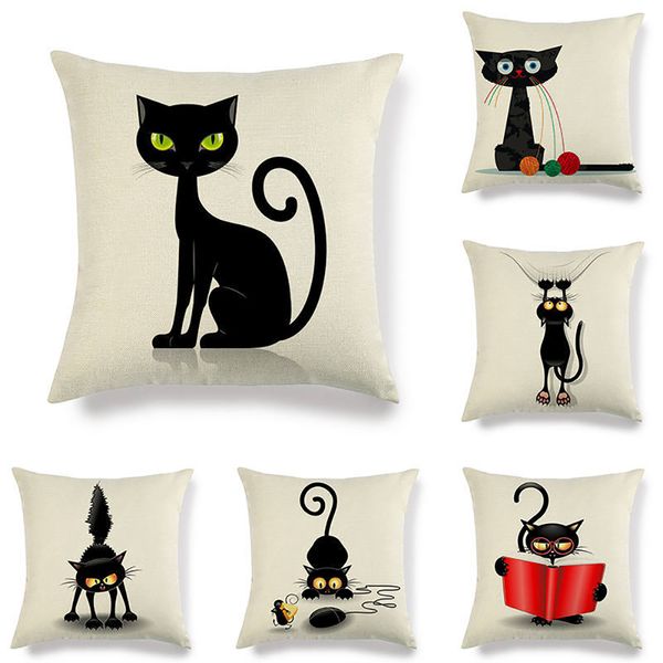 

lychee diy cartoon angry black cat printed cushion case linen 45x45cm cushion cover for bedroom home office