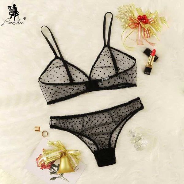 

2020 new women's bra set transparent gauze cute black pink dot bra + panty 3 point lingerie set lenceria push up bralette, Red;black