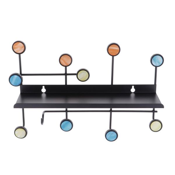 

black metal wall hanging storage shelf bench with coat hat hanger hooks