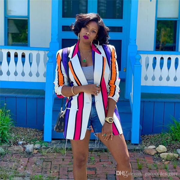 

autumn womens striped printed blazers fashion designer lapel neck women coat casual contrast color ladies clothing