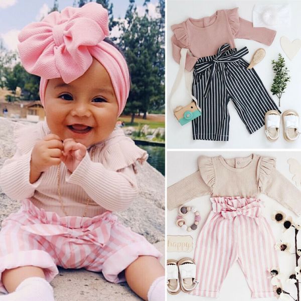 

2020 infant newborn baby girl romper bodysuit long pants 2pcs outfit clothes set baby clothing, White
