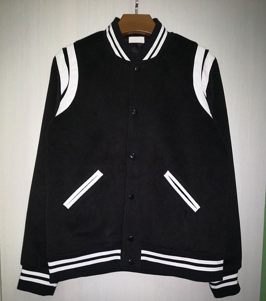 

autumn winter europe france paris fashion luxury classic leather patchwork woolen coat baseball uniform jacket pefect details, Black;brown