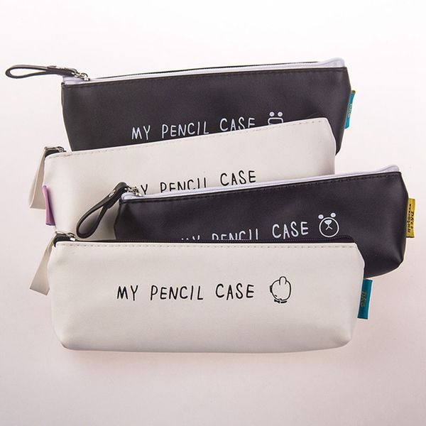 

cartoon triangle my pencil case classical black and white color waterproof pu leather pencil case school stationery pen bag