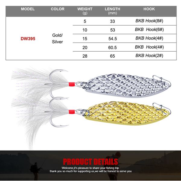 5 pçs / set 5g 10g 15g 20g 28g misturar estilos odel isca de pesca de lantejoulas isca de prata gancho de ouro colher de isca de metal com penas