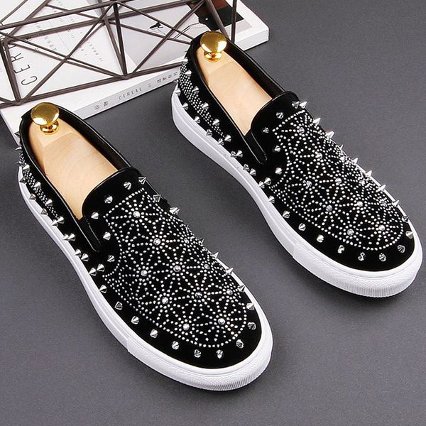 

new arrival men fashion hip hop punk dresses cow leather shoes slip-on flats shoe summer rivets loafers platform sneakers, Black