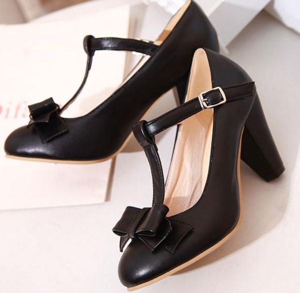 

2019 women's shoes in spring and autumn with new style high heel coarse heel round head bowknot@2276, Black