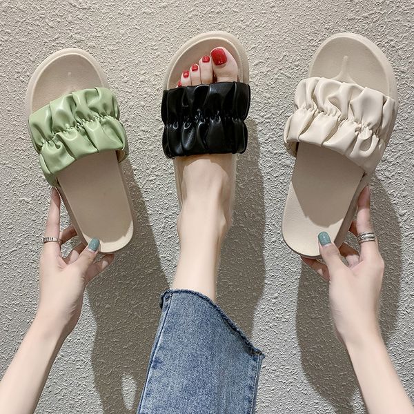 

slippers casual summer women's shoes pantofle med platform slides lady 2020 soft rubber girl flat fabric pu house, Black