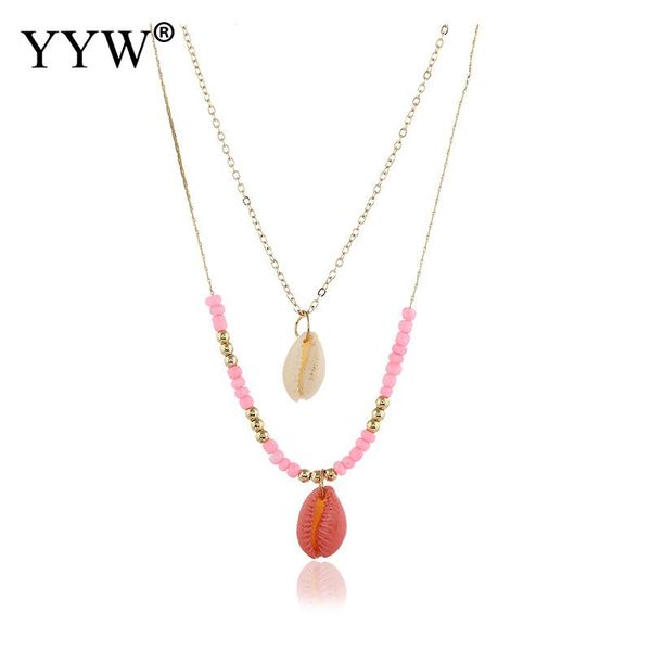 

yyw double layer shell trendy choker necklace for women gold color long chain seashell ocean beach boho pendant necklace jewelry, Silver