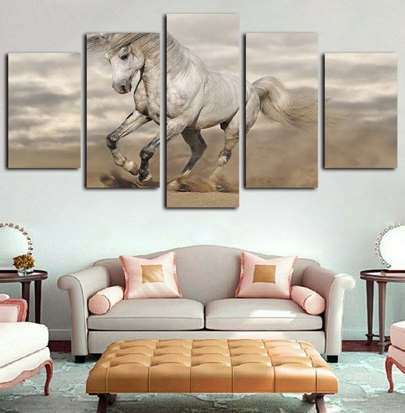 

5 panels canvas wall art animal white running horse steed paintings picture hd print on canvas oil painting modern giclee artwork wall decor
