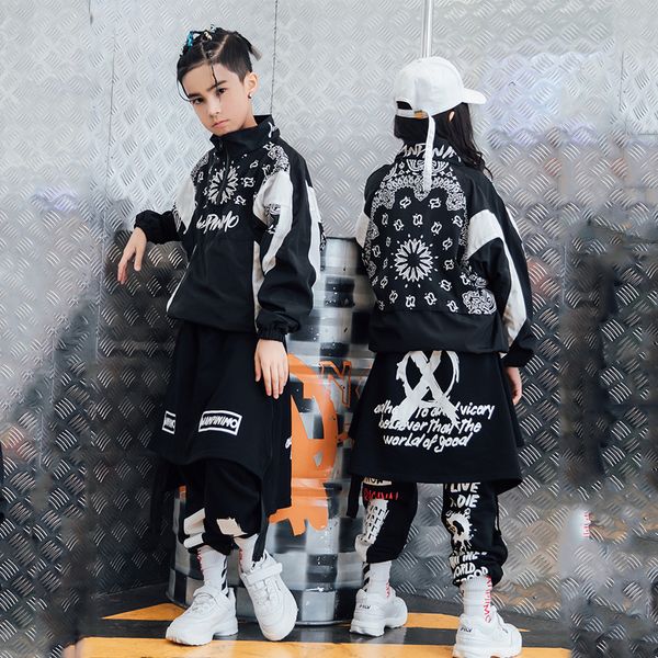 

hip hop dance costume jazz costumes boys street dance clothing girls jacket pants kids stage show dancing outfit clothes dqs1476, Black;red