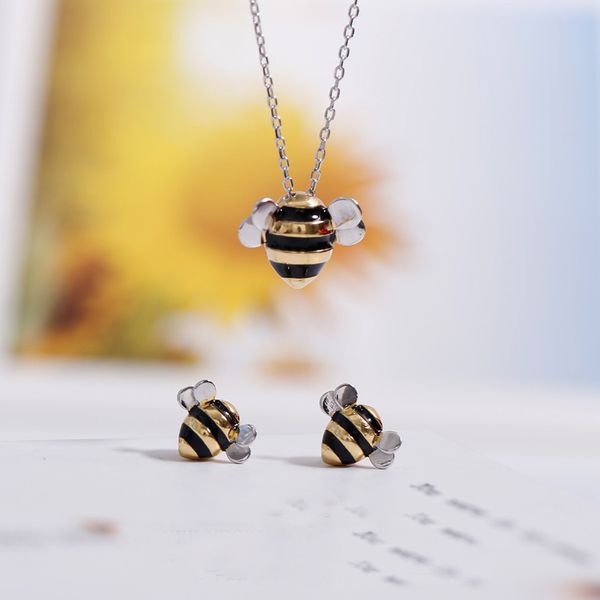 

925 sterling silver jewelry set for women fashion cute bee creative design female personalized pendant necklace & stud earring