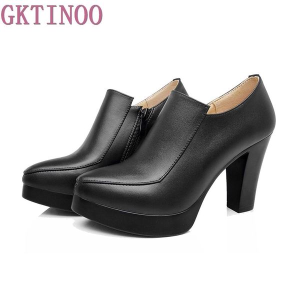

gktinoo spring autumn women's shoes thick high heels fashion women genuine leather shoes first layer of cowhide platform pumps, Black