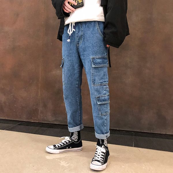 

wholesale 2020 fashion casual tooling men's brand elastic waist multi pocket pants men's korean trendy straight jeans men, Blue