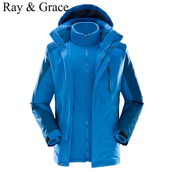 

new winter men waterproof 3 in 1 hiking jacket windproof blue softshell camping outdoor coats windbreaker hunting clothing, Blue;black