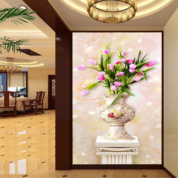 

3d large seamless tv sofa background wall flower tulip vase modern home improvement living room hall porch wall background