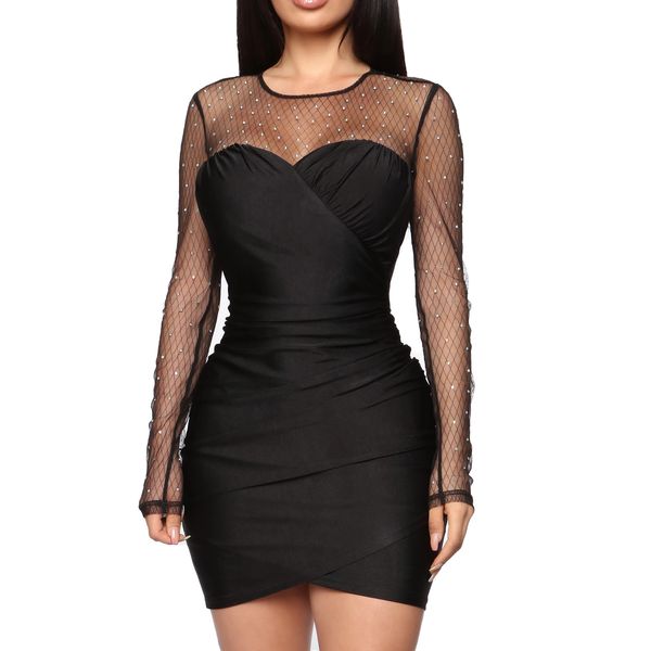 

женщины ну вечеринку клуб bodycon платье повседневная с длинным рукавом сексуальные мини-платье видеть сквозь горный хрусталь сетки клубная, Black;gray
