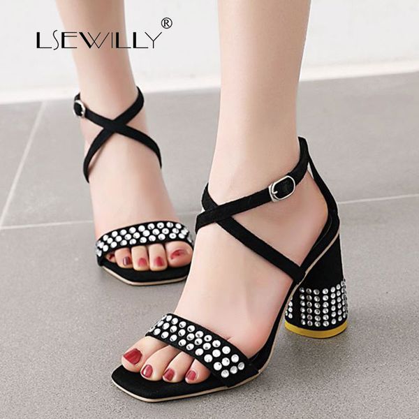 

lsewilly 2020 summer sandals women shoes flock block heels party shoes buckle super high heel sandals lady red size 34-48, Black