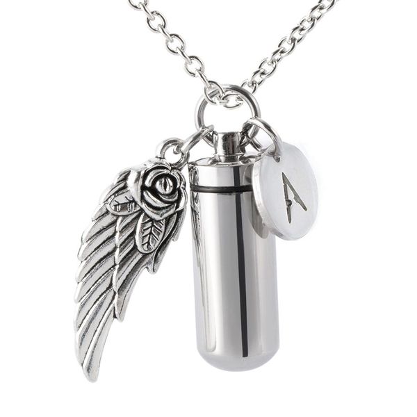 

cremation jewelry 26 letter urn necklace for ashes with angel wing charm & cylinder stainless steel memorial pendant, Silver