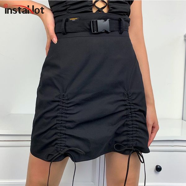 

instaruched high waist skirt women buckle drawstring bandage women mini skirt summer casual party club straight skirts 2020, Black