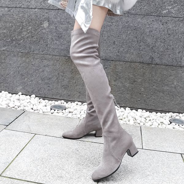 

women's genuine suede leather high heel over the knee boots black slim winter long boots stretch shoes