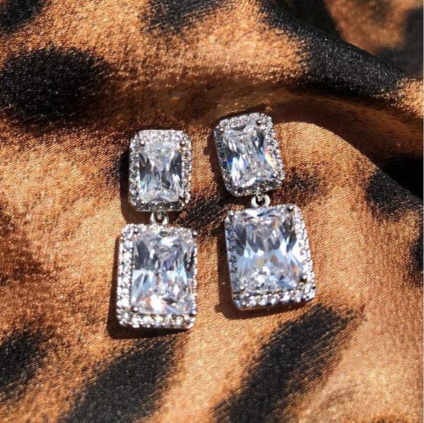 

dangle & chandelier iced out bling cubic zirconia jewelry 5a clear cz geometric rectangle charm earring wedding bridal, Silver