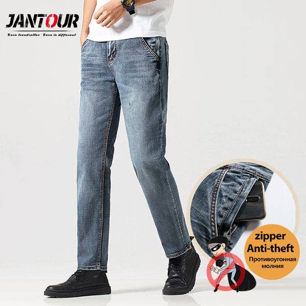 

jantour brand men's clothing anti-theft zipper jeans 2020 fashion casual straight cotton blue elastic big size 28-40 men jean
