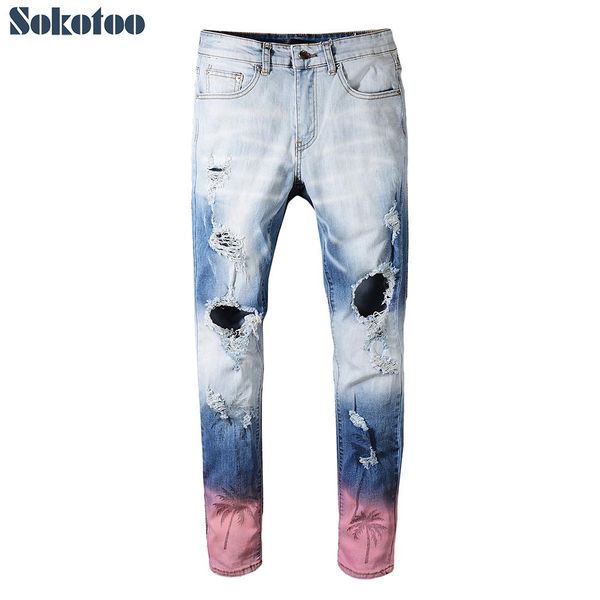 

sokotoo мужские контрастные цветные дырки рваные джинсы модные тонкие тощие кокосовые пальмы печатные проблемные джинсовые брюки, Blue