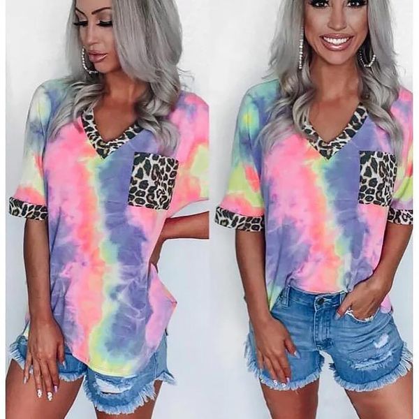 

new women blouses clothes tie-dye printed rainbow gradient leopard loose shirt short sleeve designer casual fashion tees 6color cz0609, White