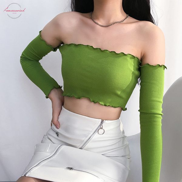 

women off shoulder full sleeve knit bandage debardeur femme t shirt tank elegant ladies party vest streetwear, White