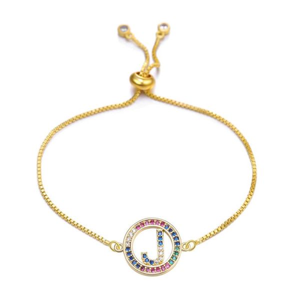 

alphabet charms handmade initial round cubic zirconia letters bracelet rainbow rhinestones snake chain bracelet jewelry, Golden;silver