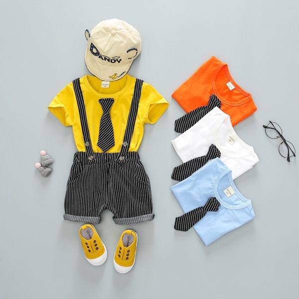 

summer baby boys tie set cotton bib pants short sleeve t-shirt +strap shorts casual outfits sets, White