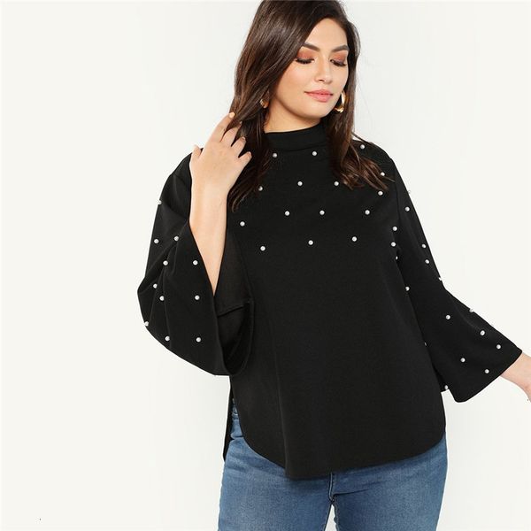 

women clothing women blouse plus size black stand collar pearl beaded long flare sleeve stand collar women casual autumn solid blouses, White
