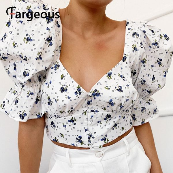 

fargeous women floral print short blouse 2020 summer fashion vintage lantern sleeve square collar shirt ladies holiday blouse, White