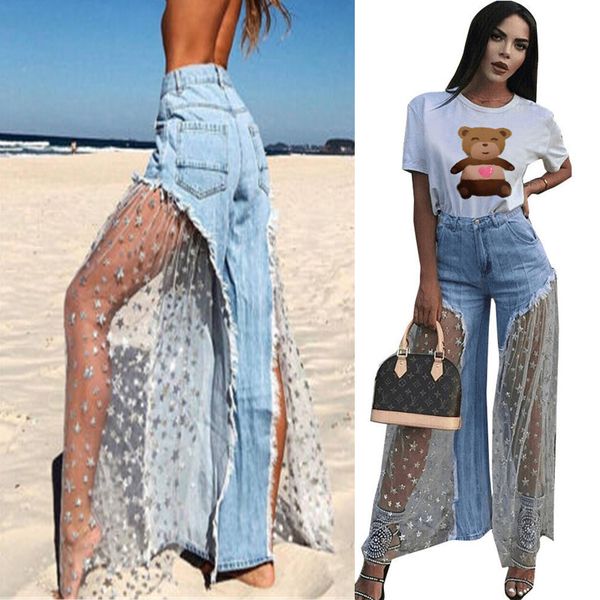 

women's pants & capris fashion women ladies loose flare denim jeans retro bell bottom wide leg lace up trousers, Black;white