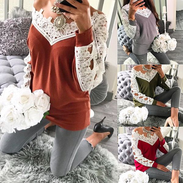 

new personality trend fashion european and american lace stitching leisure sweater bottom blouse women's wear 899, White