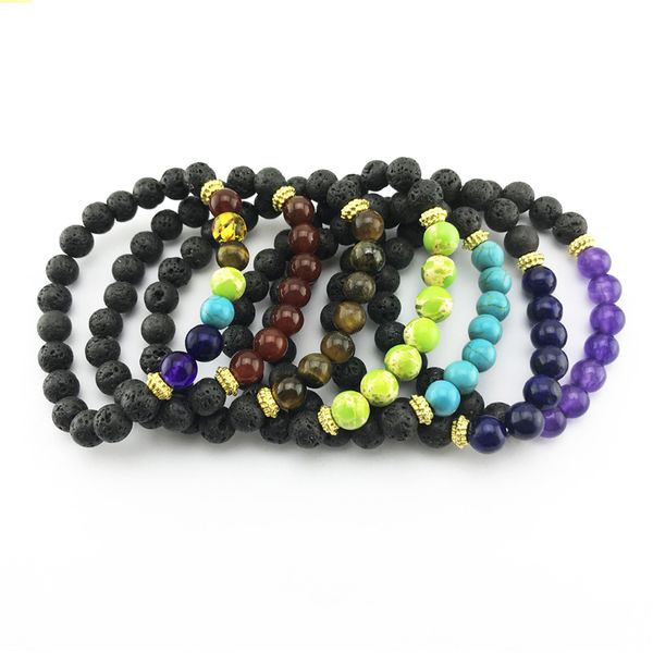 Bracciale con pietre chakra naturali Bracciale con perline di lava vulcanica nera Bracciale Yoga Guarigione Reiki Preghiera Equilibrio Buddha Bracciali Charms Gioielli di moda