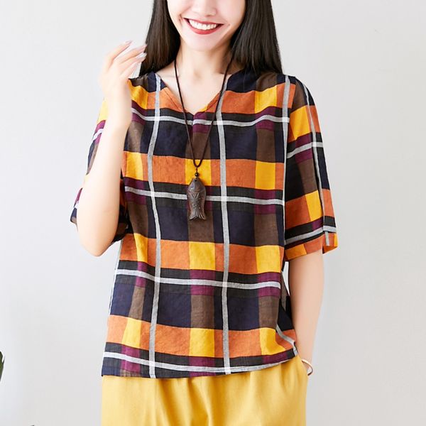 

plaid printed tee shirt summer 2019 t-shirts women loose casual t shirt tees v-neck t-shirt female half sleeve ladies, White